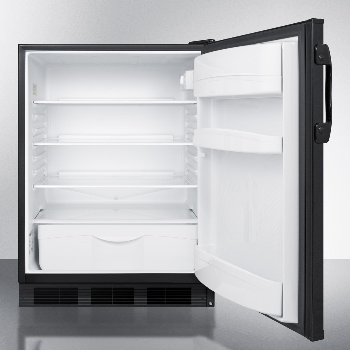 Commercially listed built-in undercounter all-refrigerator for general purpose use, with automatic defrost operation and black exterior